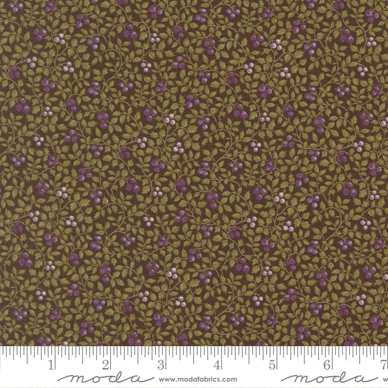 Collections Essence Little Vines Soil fabric by Howard Marcus for Moda Fabrics featuring delicate olive green vines with tiny lavender and ivory berry blossoms on a rich soil brown background.