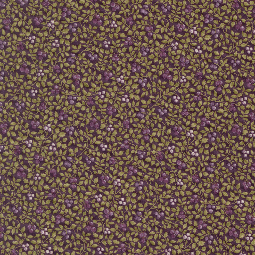 Collections Essence Little Vines Plum fabric by Howard Marcus for Moda Fabrics featuring delicate olive vines with tiny plum and ivory blossoms on a rich plum background.