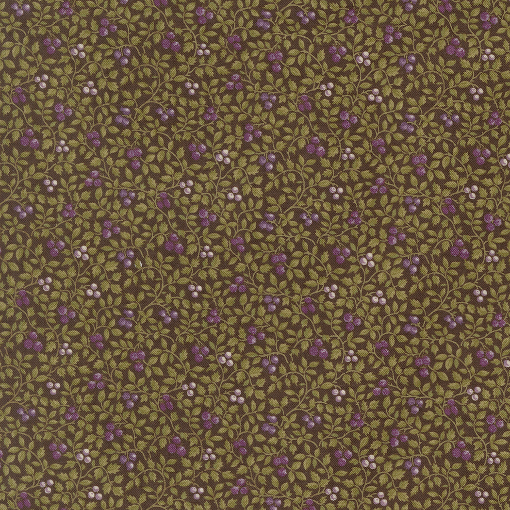 Collections Essence Little Vines Soil fabric by Howard Marcus for Moda Fabrics featuring delicate olive green vines with tiny lavender and ivory berry blossoms on a rich soil brown background.
