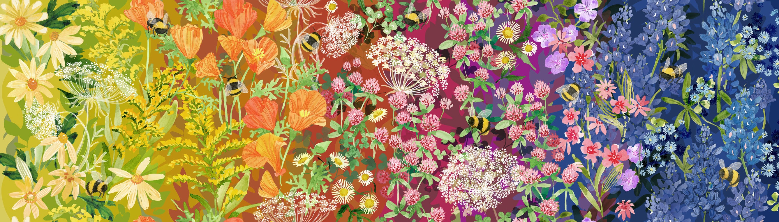 Wild Blossoms Rainbow – Wildflowers Ombre Fabric by Robin Pickens for Moda – Rainbow gradient cotton with floral print.