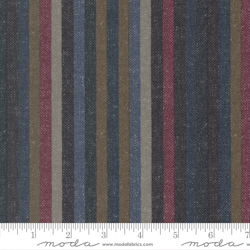 Lumberjack Stripe Brown flannel fabric by Primitive Gatherings for Moda Fabrics showing vertical stripes in brown, navy, and plum tones.