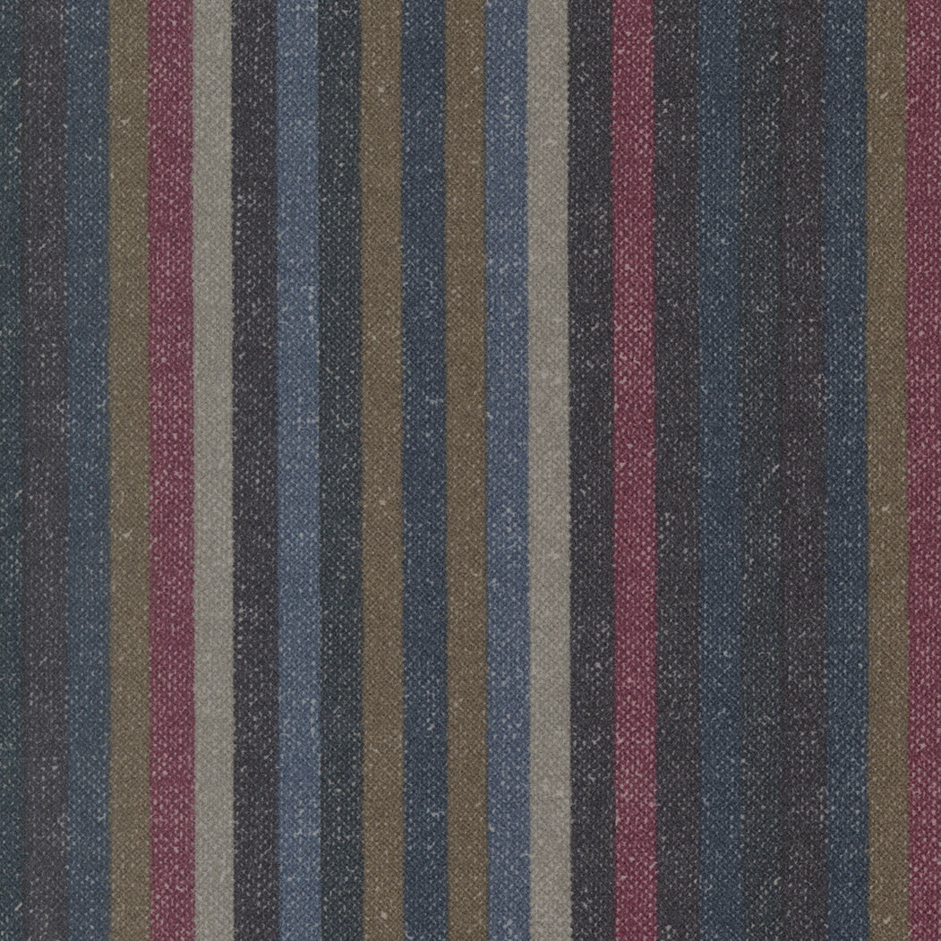 Lumberjack Stripe Brown flannel fabric by Primitive Gatherings for Moda Fabrics showing vertical stripes in brown, navy, and plum tones.