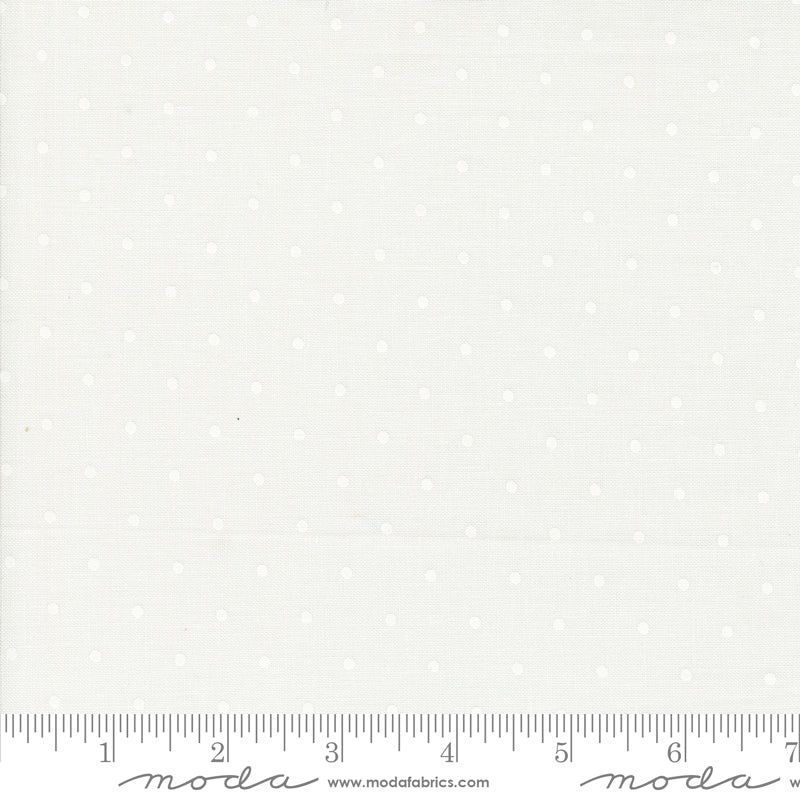 Magic Dot Cloud Fabric by Lella Boutique for Moda Fabrics featuring delicate white tonal polka dots on a soft white cotton background.