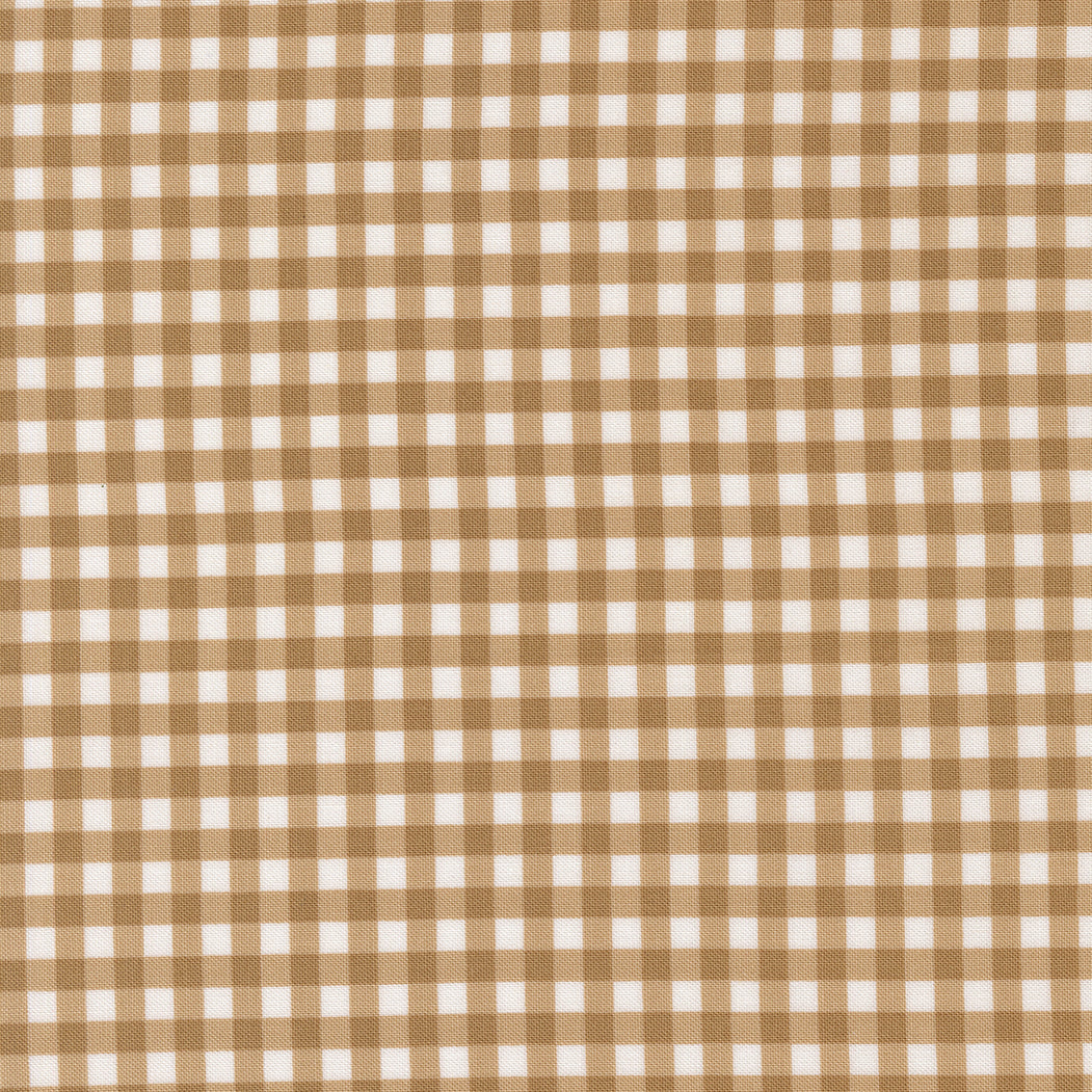 Lucky Gingham Sand cotton fabric by Sweetwater for Moda Fabrics showing tan and white check pattern.