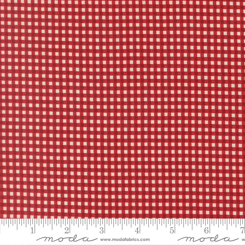 Chilly Gingham Red premium quilting cotton featuring a classic red and ivory gingham plaid by Sweetwater for Moda Fabrics.