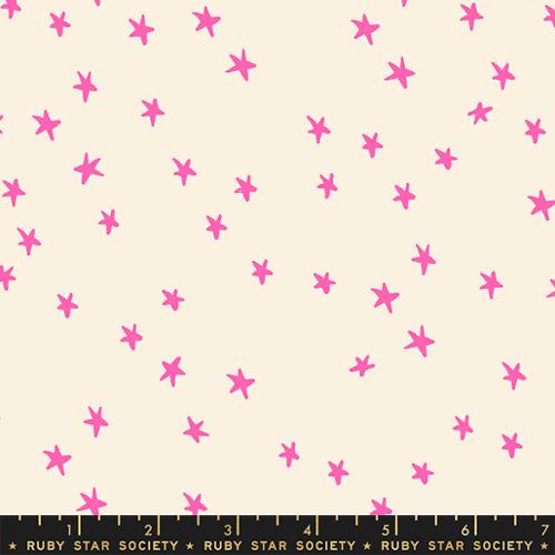 Starry Neon Pink cotton fabric by Ruby Star Society featuring bright pink stars on a soft natural cream background.