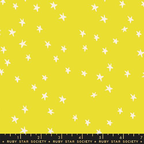 Starry Citron cotton fabric by Ruby Star Society featuring scattered cream stars on a bright citron yellow background.