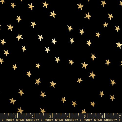 Starry Stars Black Metallic fabric by Alexia Abegg for Ruby Star Society and Moda Fabrics featuring shimmering gold metallic stars on a black premium cotton background.