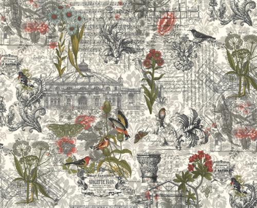 3 Sisters Memoirs cotton fabric by Moda with vintage birds, flowers, architectural sketches, and antique collage details.