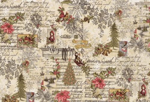 3 Sisters Marche De Noel cotton fabric by Moda with vintage Christmas script, poinsettias, trees, postcards, and holiday collage imagery.