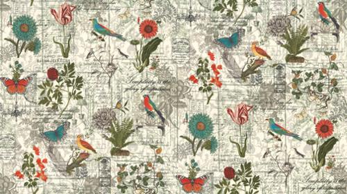 3 Sisters Favorites Collages Porcelain cotton fabric by Moda with birds, butterflies, flowers, botanicals, and vintage collage details.