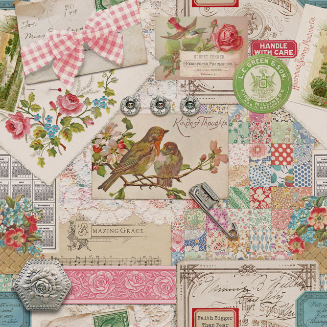 Vintage collage quilting fabric featuring antique postcards, birds, florals, lace, handwritten letters, sewing ephemera, and patchwork prints by Cathe Holden for Moda Fabrics.