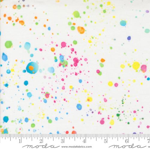 Gradients Euphoria Rainbow 108-inch wide cotton backing fabric featuring colorful rainbow paint splatters scattered across a white background by Moda Fabrics.