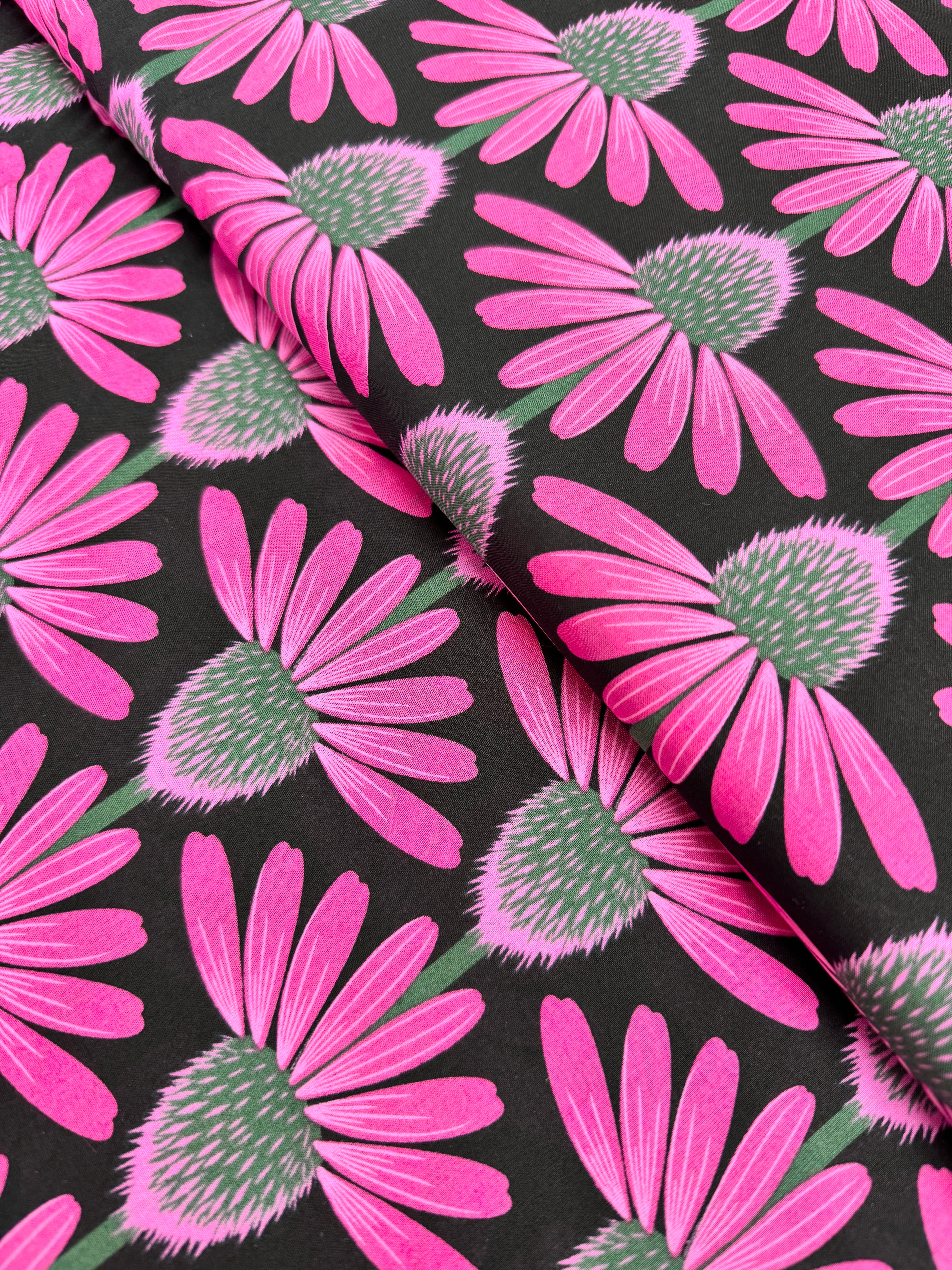 Love Always AM – Echinacea Ruby Cotton Lawn by Anna Maria Horner featuring large pink and red echinacea flowers on a ruby-red background.
