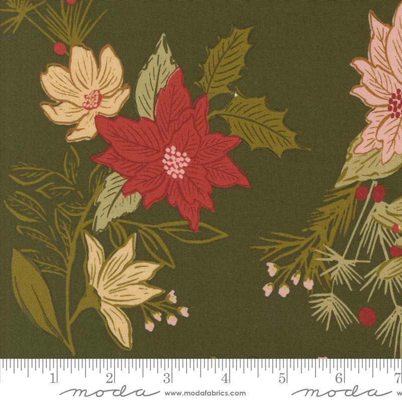 Christmas floral fabric with poinsettias, holly leaves, pine branches, and berries on pine green background