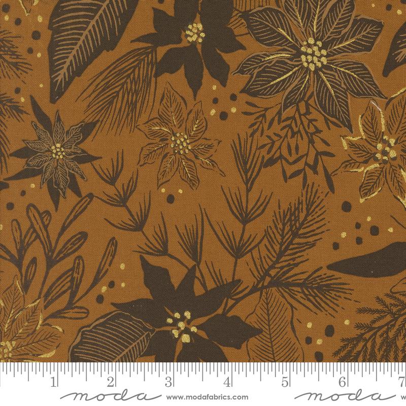 Old World Yuletide poinsettia floral sienna brown fabric with metallic gold accents by Fancy That Design House for Moda Fabrics