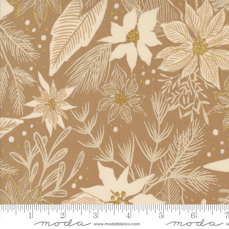 Old World Yuletide poinsettia floral fabric in mushroom taupe with metallic gold accents by Fancy That Design House for Moda Fabrics