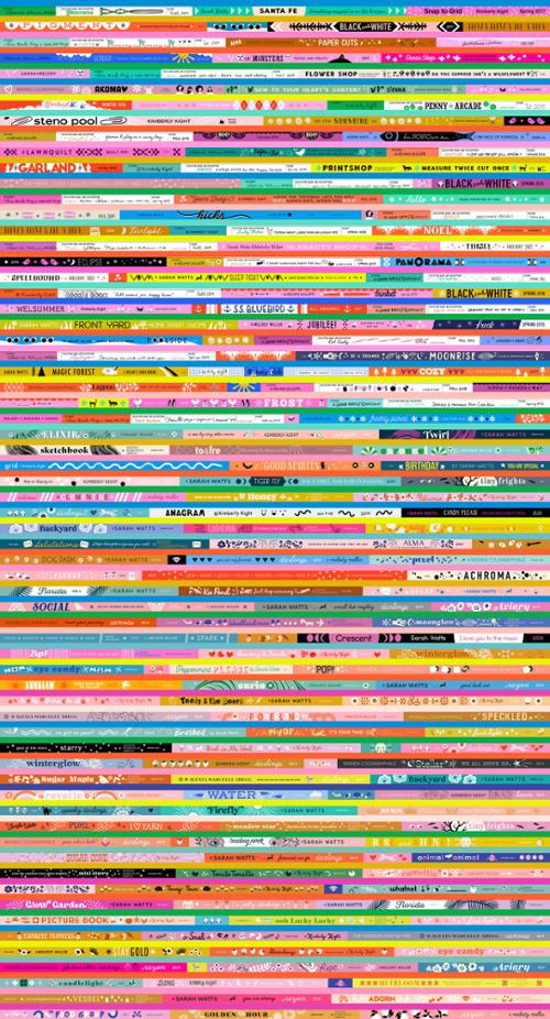 Colorful selvedge-inspired quilting cotton fabric featuring text, words, and rainbow strips by Ruby Star Society for Moda Fabrics