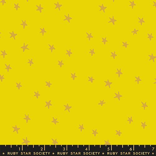 Starry New Golden Hour fabric by Alexia Abegg for Ruby Star Society featuring scattered golden-brown stars on a bright golden yellow background.