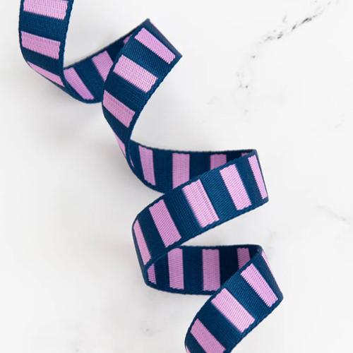 navy and peony pink striped polyester webbing for tote bags and purse straps