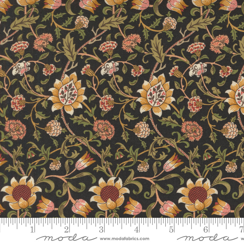 Morris Manor Evenlode Florals Ebony fabric by Barbara Brackman – black William Morris-inspired floral print on cotton.
