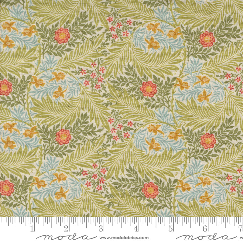 Morris Manor Larkspur Florals Porcelain fabric by Barbara Brackman for Moda Fabrics.