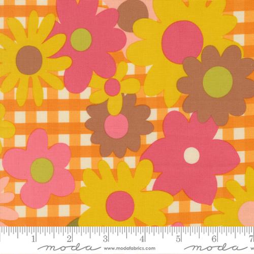 Retro floral fabric orange gingham blooming blossoms Moda cotton