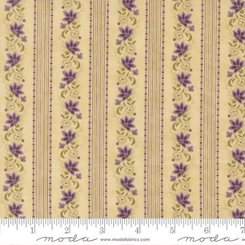 Collections Essence Floral Stripes Parchment fabric by Howard Marcus for Moda Fabrics featuring elegant lavender floral vines and delicate vertical stripes on a warm parchment premium cotton background.