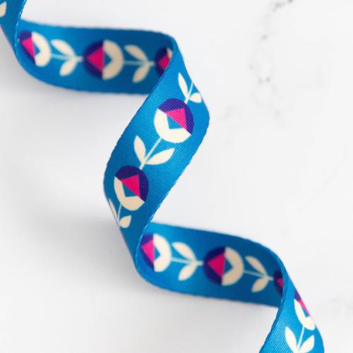 blue floral chain polyester webbing for bag straps and sewing projects