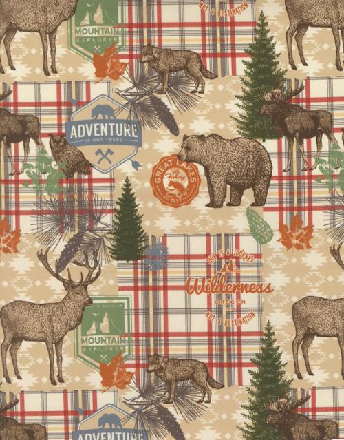 Wild Blue Yonder Moda cotton fabric with bears, deer, moose, evergreen trees, plaid blocks, and rustic wilderness motifs.