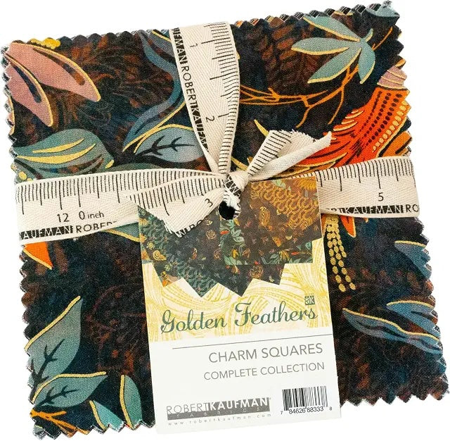 Golden Feathers Complete Collection Ten Squares (Layer Cake) by Studio RK for Robert Kaufman featuring 42 metallic 10-inch quilting cotton squares with coordinating bird, feather, foliage, and paisley prints in navy, teal, parchment, peacock, saffron, cayenne, and other jewel-tone colorways.