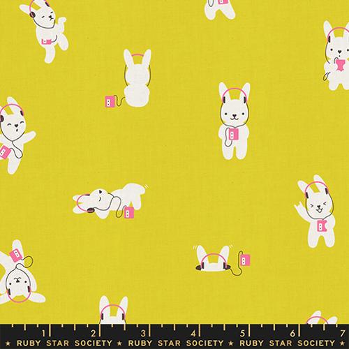 Lofi Linens Rabbeats Citron fabric by Ruby Star Society featuring white bunnies wearing headphones on a bright citron yellow background.