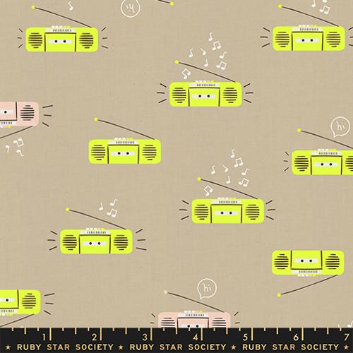 Lofi Linens Boom Khaki fabric by Ruby Star Society featuring retro radios and music notes on a warm khaki tan background.