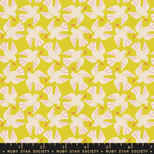 Lofi Linens Flock Yeah Citron fabric by Ruby Star Society featuring cream birds with pink wing details on a bright citron yellow background.