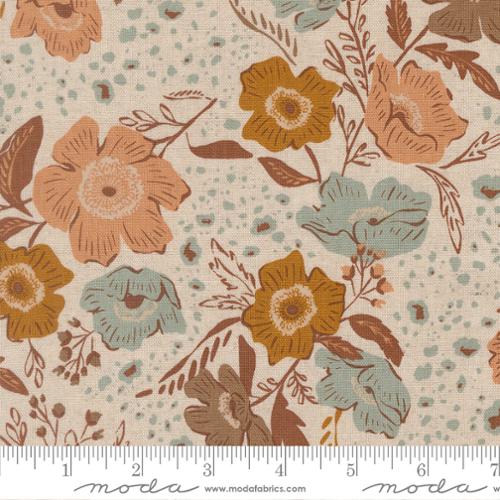 Wellspring Mochi Linen Eggshell fabric by Moda with rust, ochre, blue, peach, and brown florals on a warm eggshell background.