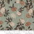 Wellspring Mochi Linen Storm fabric by Moda with ivory and rust florals, dark leaves, and a muted blue-gray background.