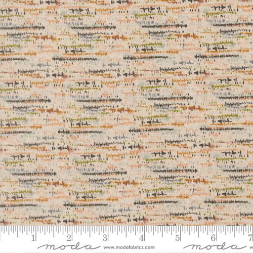 Wellspring Mochi Linen Eggshell fabric by Moda with abstract horizontal marks in rust, charcoal, olive, blush, and cream.