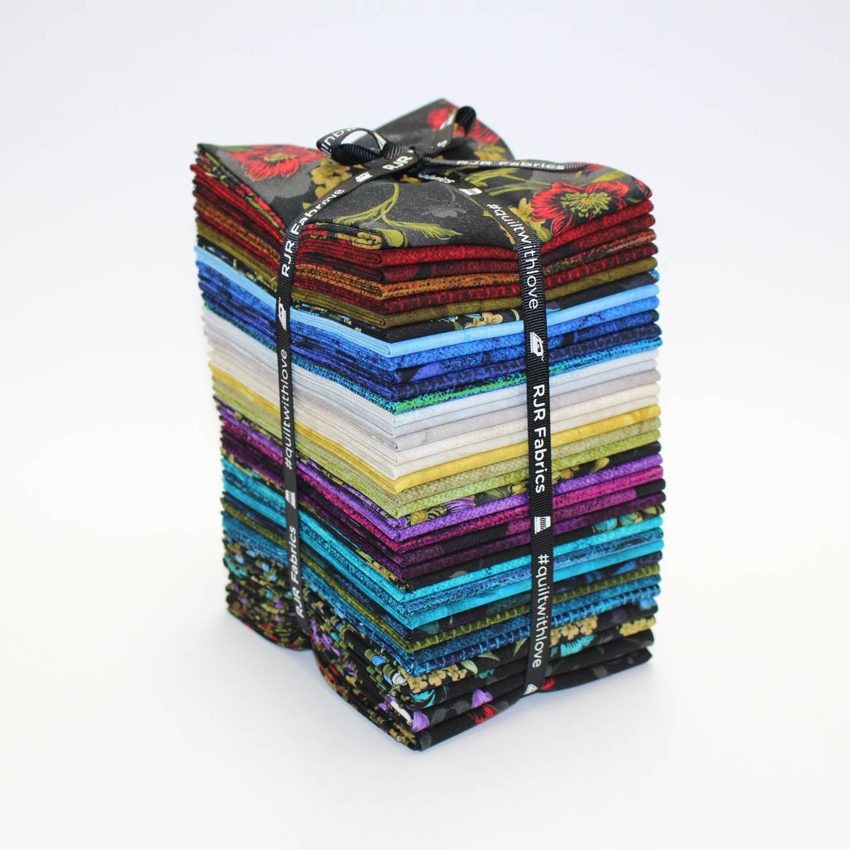 Midnight Garden Fat Quarter Bundle by Jinny Beyer for RJR Fabrics featuring 37 premium quilting cotton fat quarters with elegant floral prints, border prints, textured blenders, embossed designs, woven textures, and coordinating jewel-toned fabrics in blues, teals, reds, violets, purples, and neutrals.