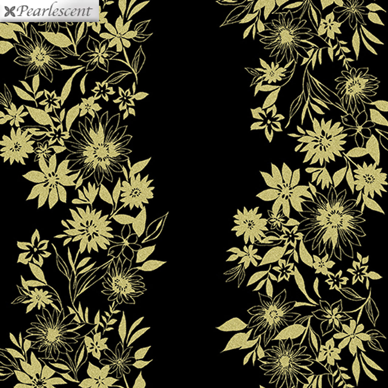 Close-up of Shimmer and Shine fabric featuring gold metallic floral stripes on a black background from Kanvas Studio, SKU 9707P-12.