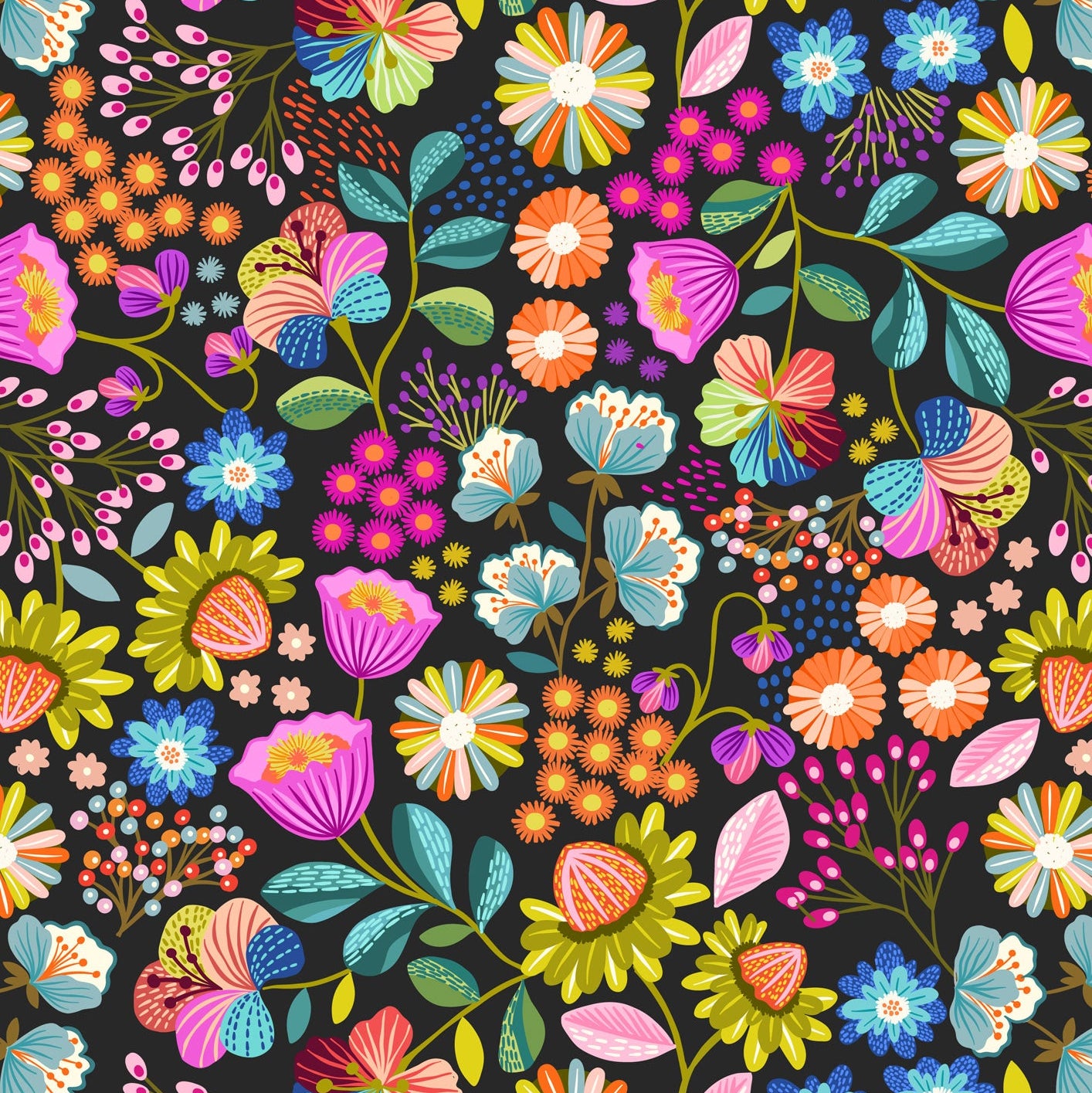 Creative Landscapes Flowers on Black Yardage