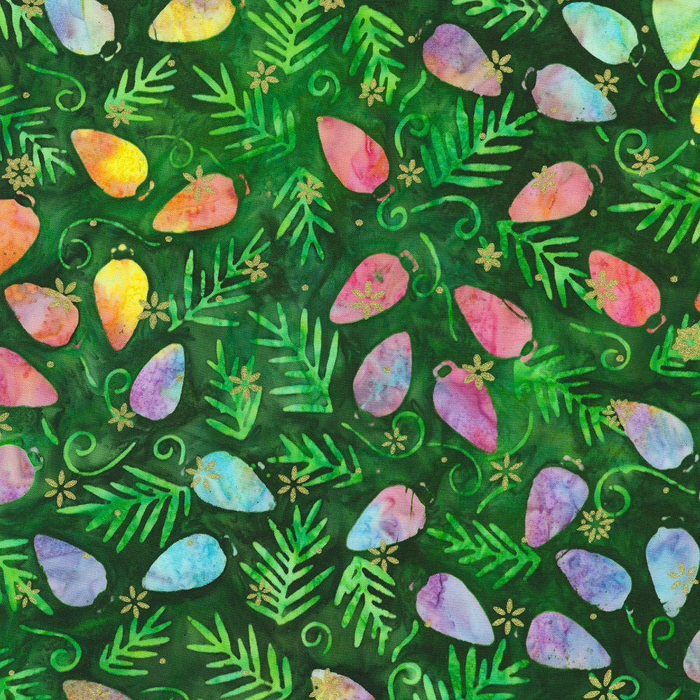 Artisan Batiks – Twinkle Lights Gumdrop Gold Sparkle Batik Fabric by Lunn Studios for Robert Kaufman, hand-dyed cotton fabric with multicolor lights and golden sparkle accents.