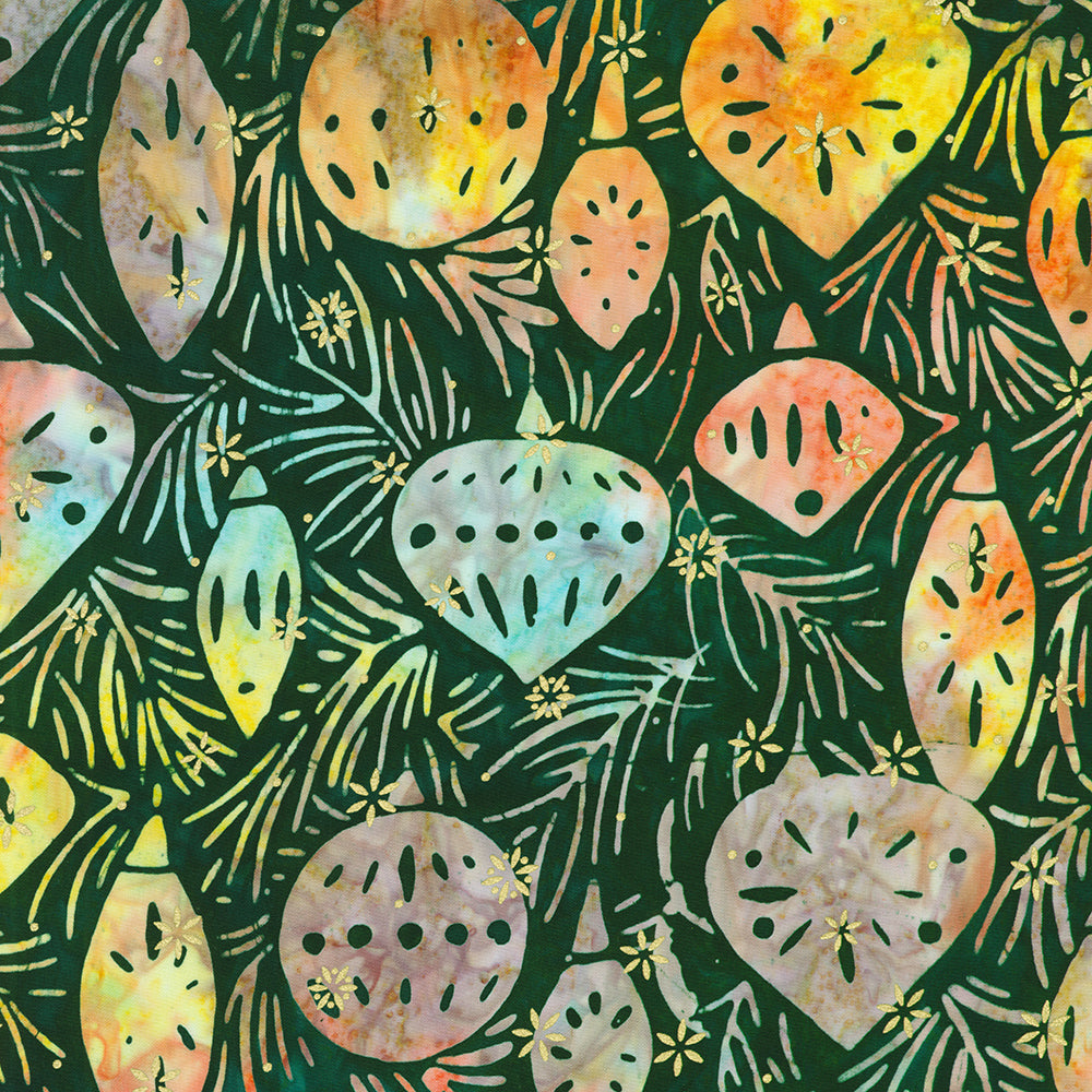 Artisan Batiks – Twinkle Lights Ornaments Hunter Gold Sparkle Batik Fabric by Lunn Studios for Robert Kaufman, hand-dyed cotton fabric with hunter green ornaments and golden sparkle.