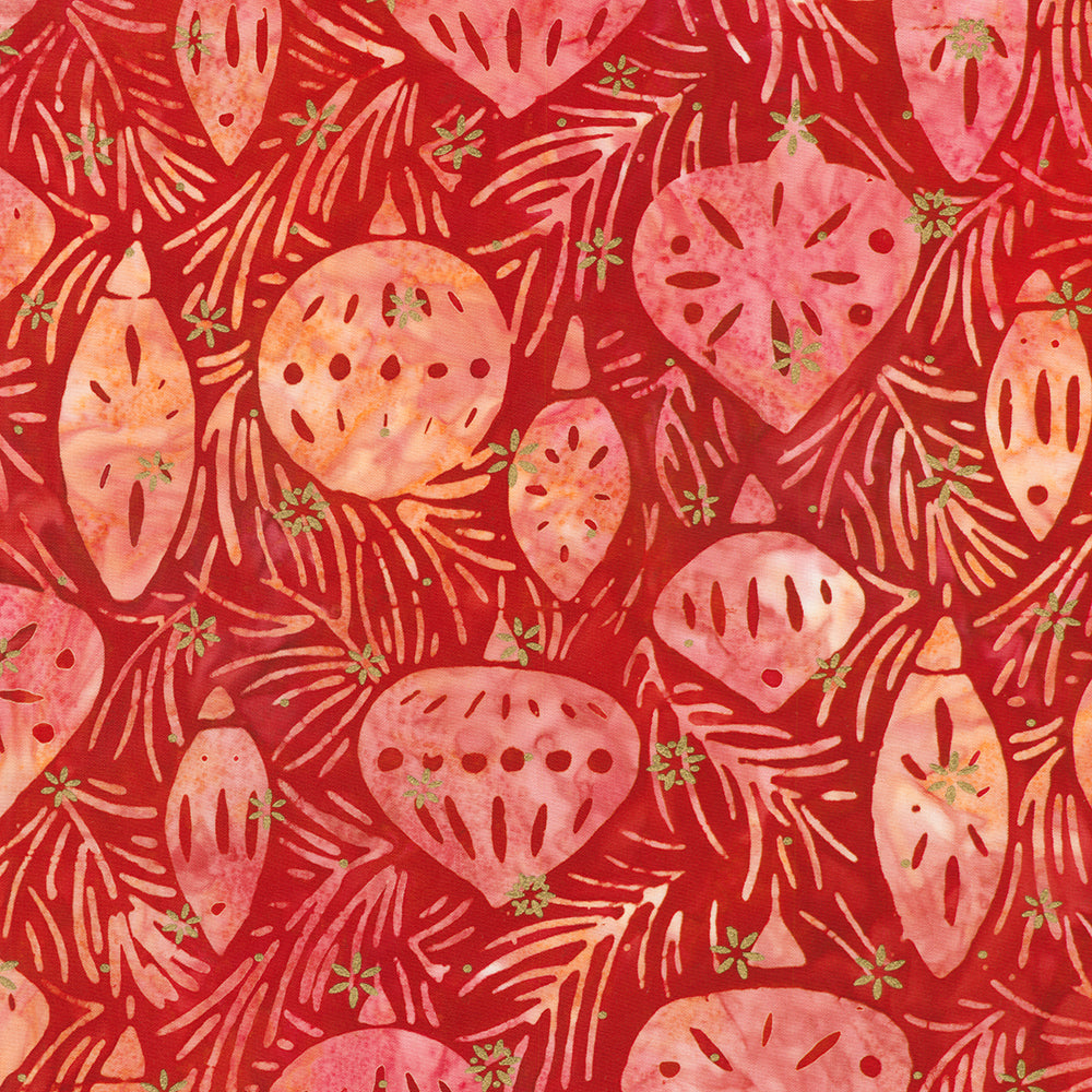 Artisan Batiks – Twinkle Lights Ornaments Red Gold Sparkle Batik Fabric by Lunn Studios for Robert Kaufman, red batik cotton with shimmering golden ornaments.