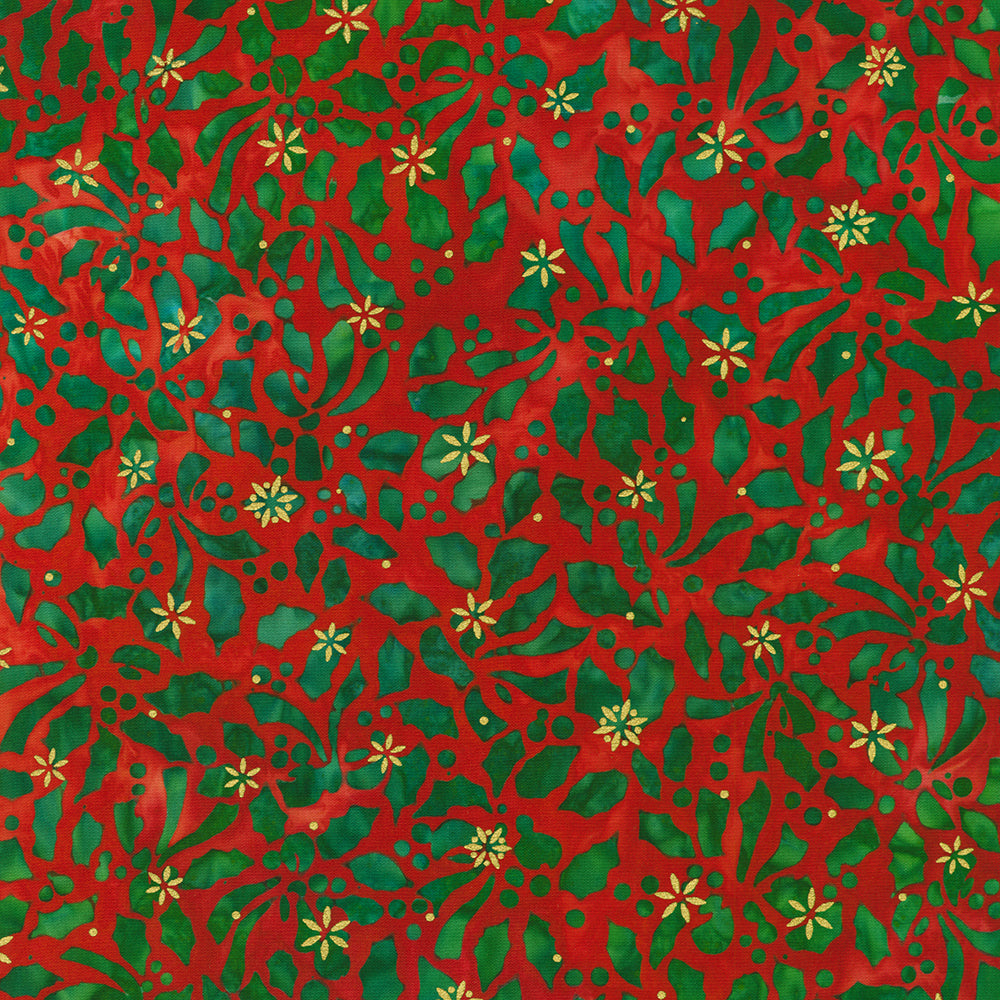 Artisan Batiks – Twinkle Lights Holly Holiday Gold Sparkle Batik Fabric by Lunn Studios for Robert Kaufman, green artisan batik cotton with metallic gold holly design.