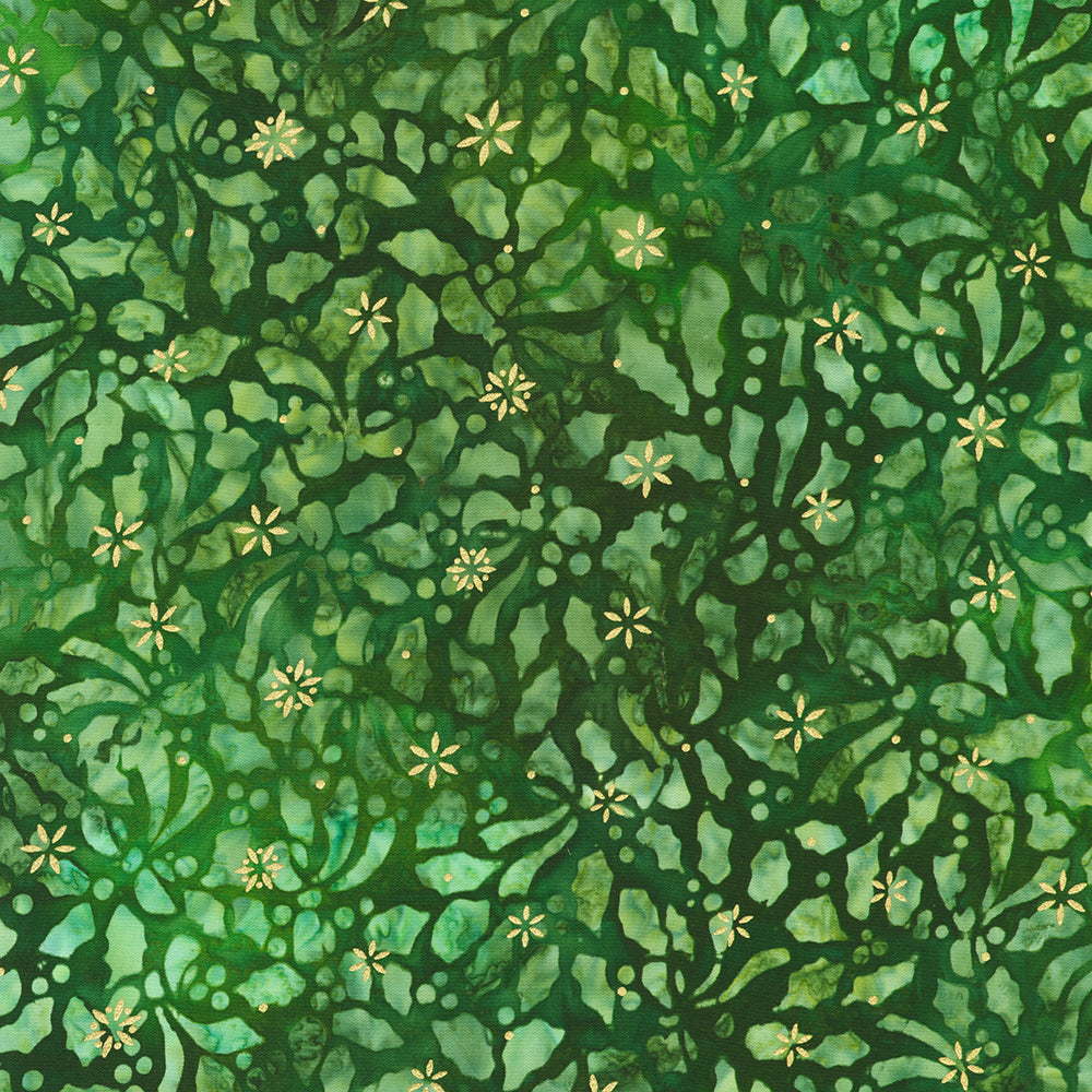 Artisan Batiks – Twinkle Lights Holly Gold Sparkle Batik Fabric by Lunn Studios for Robert Kaufman, artisan cotton batik with metallic gold holly leaf design.