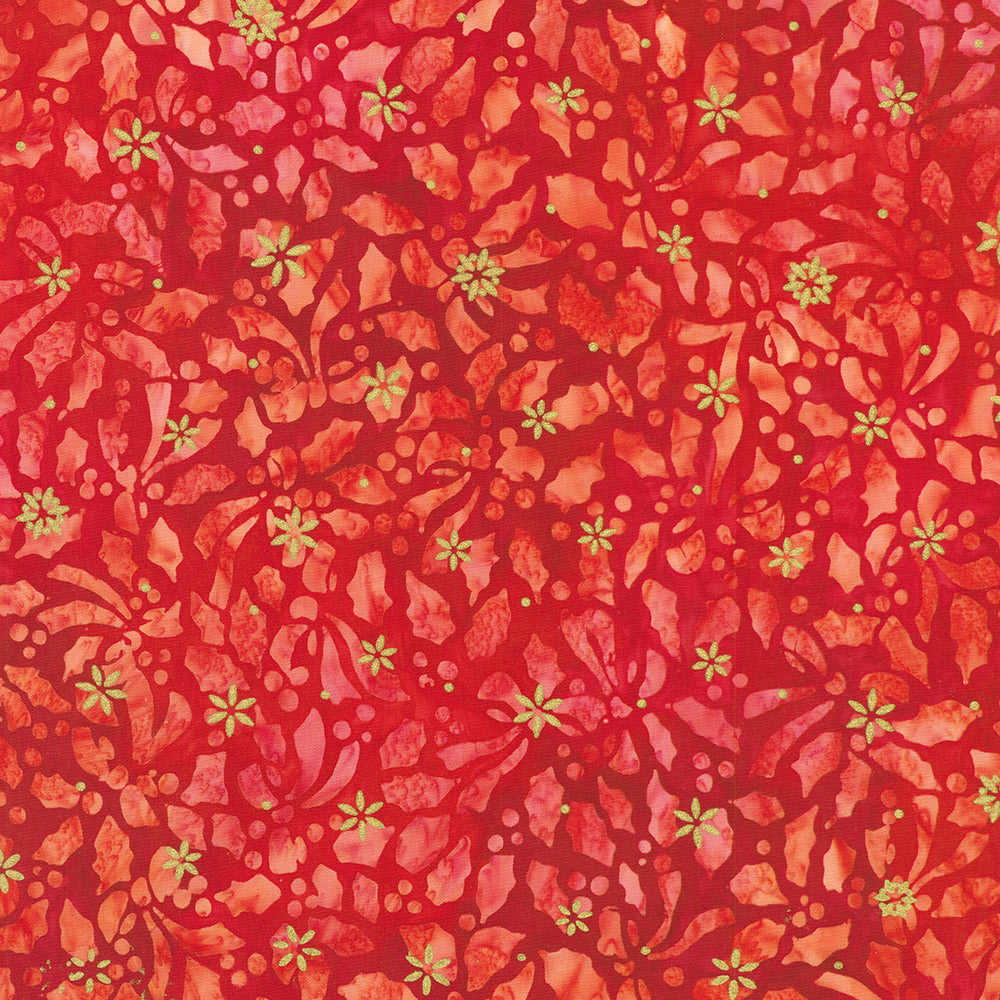 Artisan Batiks – Twinkle Lights Holly Red Gold Sparkle Batik Fabric by Lunn Studios for Robert Kaufman, festive red cotton batik with holly leaves and metallic gold accents.