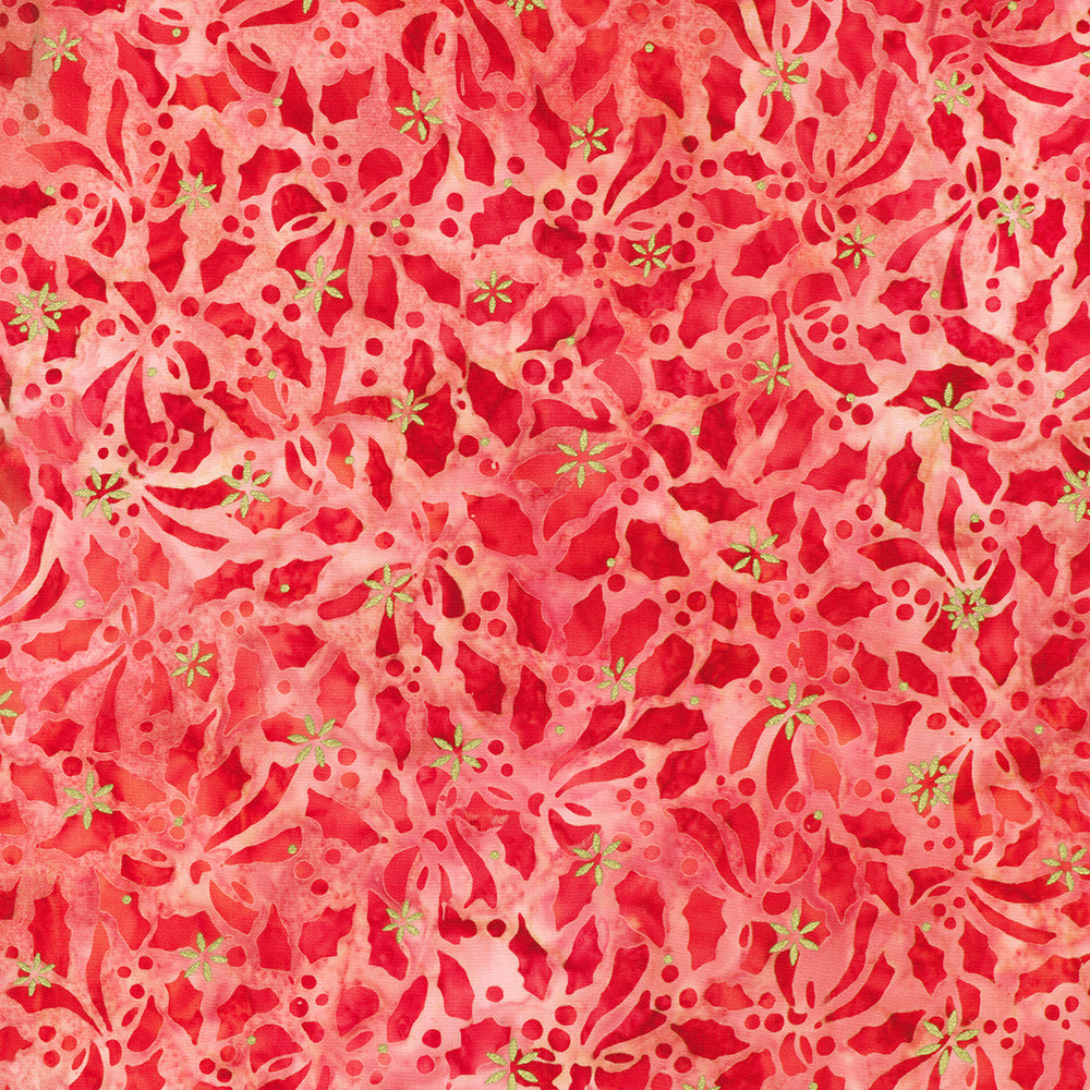 Artisan Batiks – Twinkle Lights Holly Blush Gold Sparkle Batik Fabric by Lunn Studios for Robert Kaufman, blush pink batik cotton with metallic gold holly leaf design.