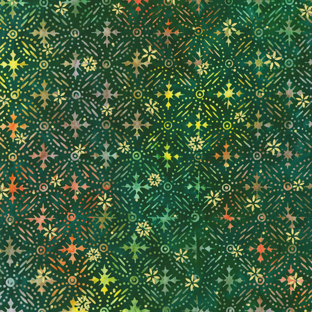 Artisan Batiks Twinkle Lights Geometric Forest Gold Sparkle Batik Fabric by Lunn Studios for Robert Kaufman – festive green batik with metallic accents.