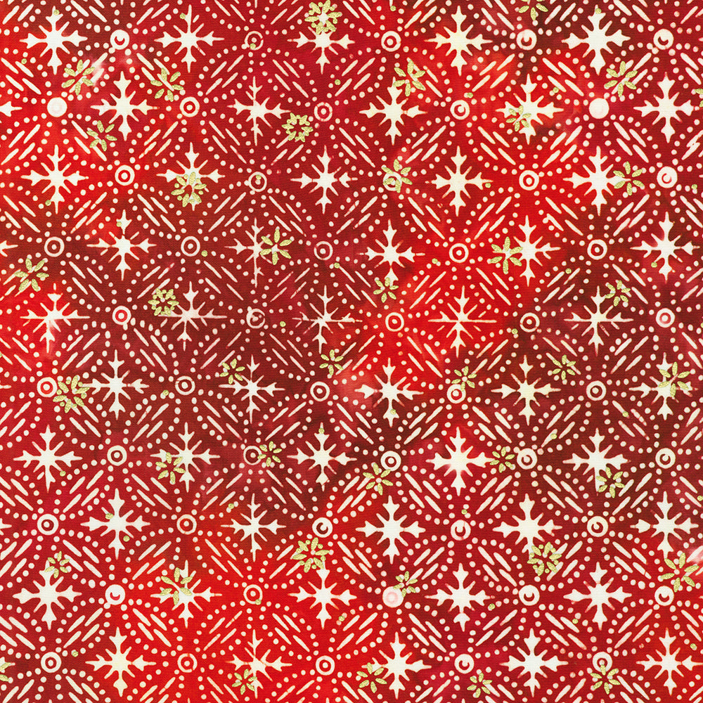 Artisan Batiks Twinkle Lights Geometric Candy Cane Gold Sparkle Batik Fabric by Lunn Studios for Robert Kaufman – festive red and white batik with metallic sparkle.