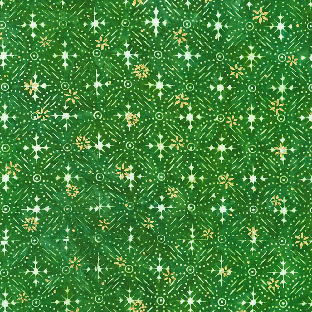 Artisan Batiks – Twinkle Lights – Geometric Green Gold Sparkle Batik Fabric by Lunn Studios for Robert Kaufman, green geometric batik with metallic gold accents.